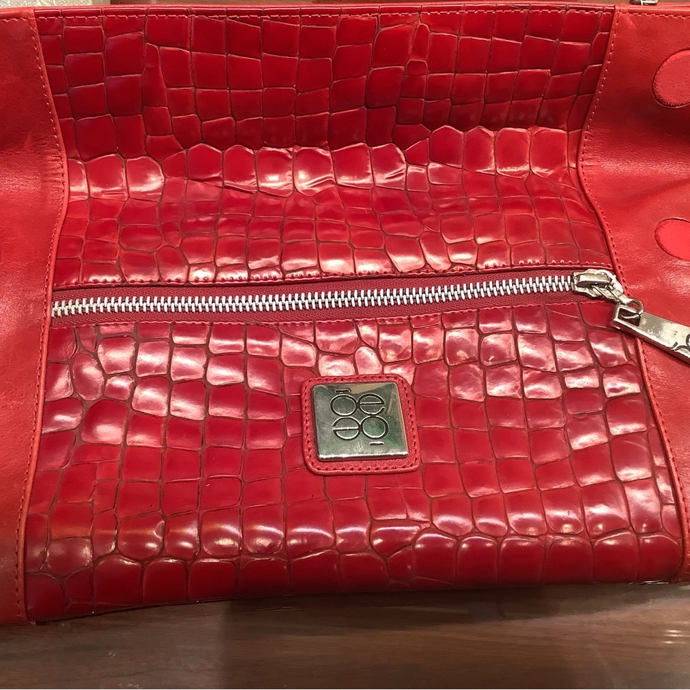 OE by Cloe Large Red Leather Croc-Embossed Foldover Clutch